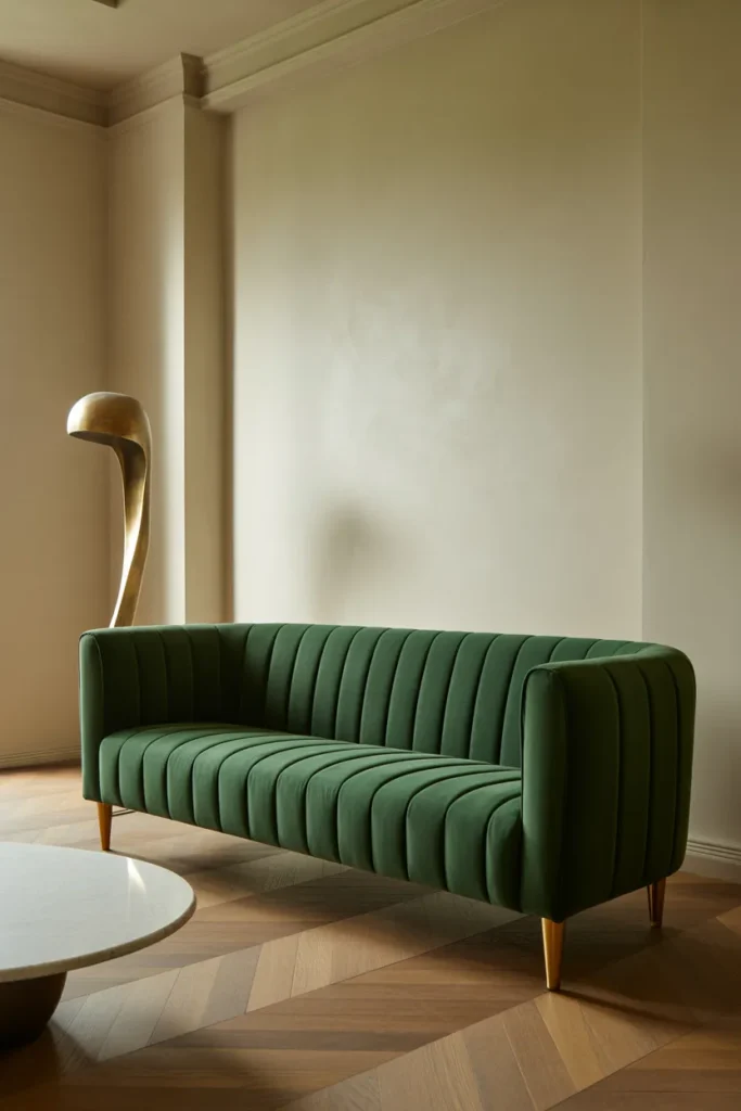 a deep emerald green velvet channel-tufted sofa