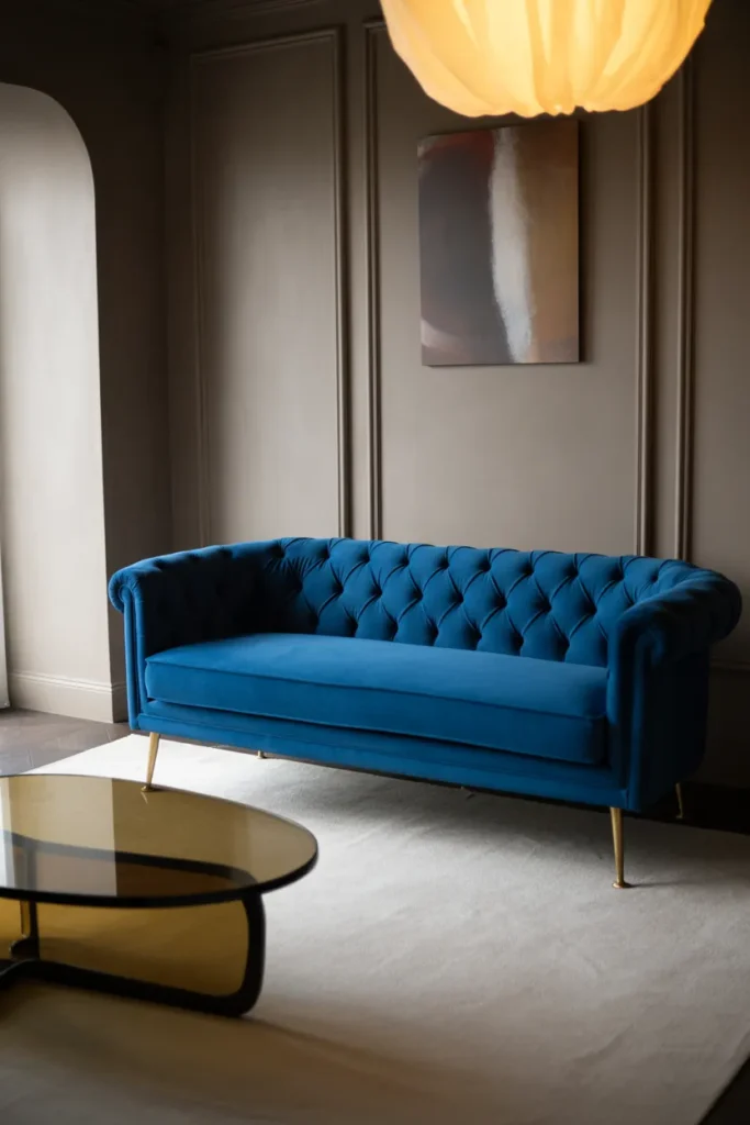 a deep sapphire blue velvet Chesterfield sofa