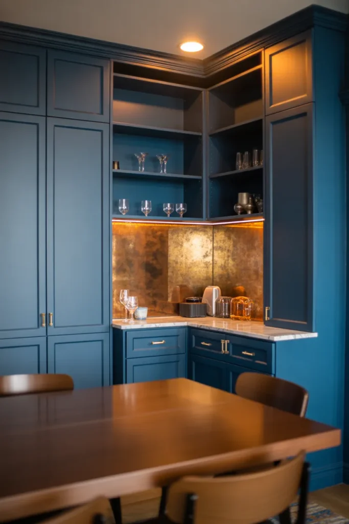 a dining room corner converted into a built-in drinks station