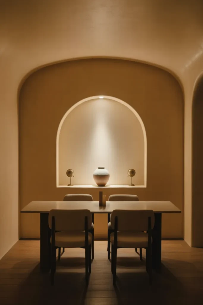 a dining room with a deep recessed arched display