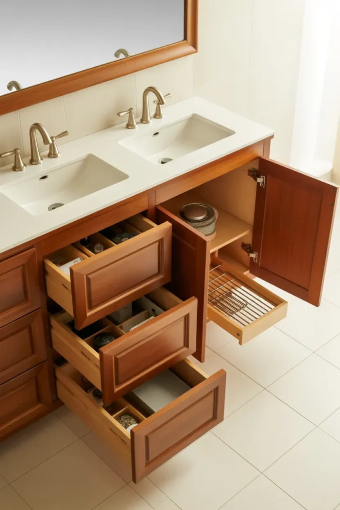 a double sink bathroom vanity in warm medium-toned wood with a hybrid drawer