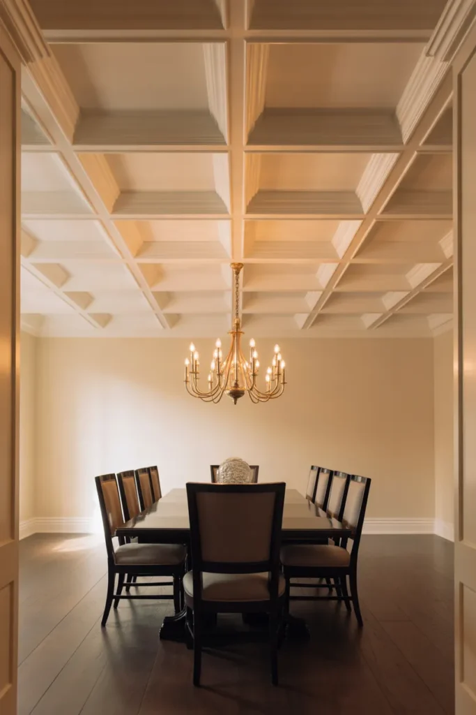 a formal dining room with a painted white coffered ceiling