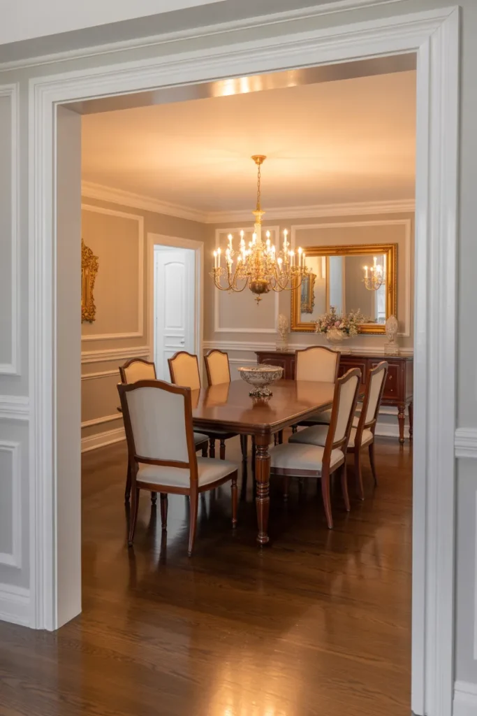 a formal dining room with picture frame molding applied to all four walls