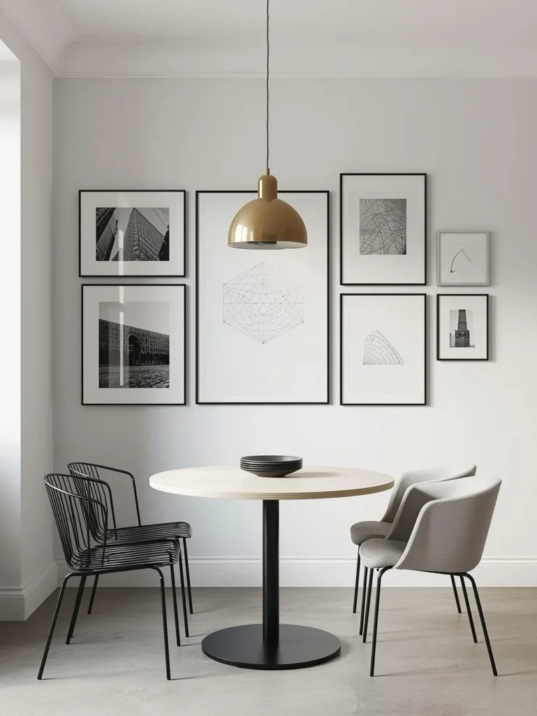 a gallery wall of seven mixed-size thin black metal