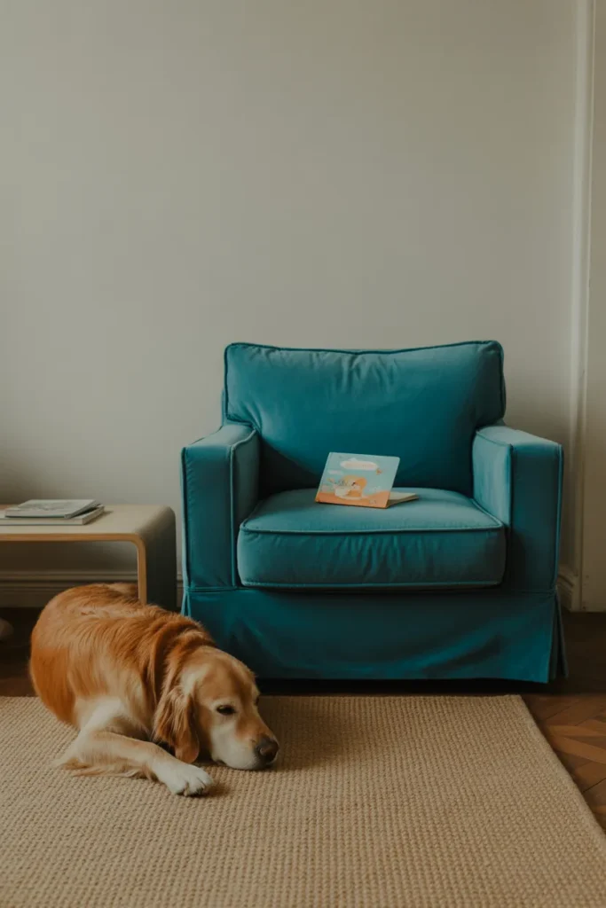 a generous armchair in rich teal performance velvet