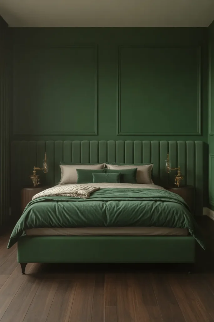 a king bed upholstered in deep emerald green velvet
