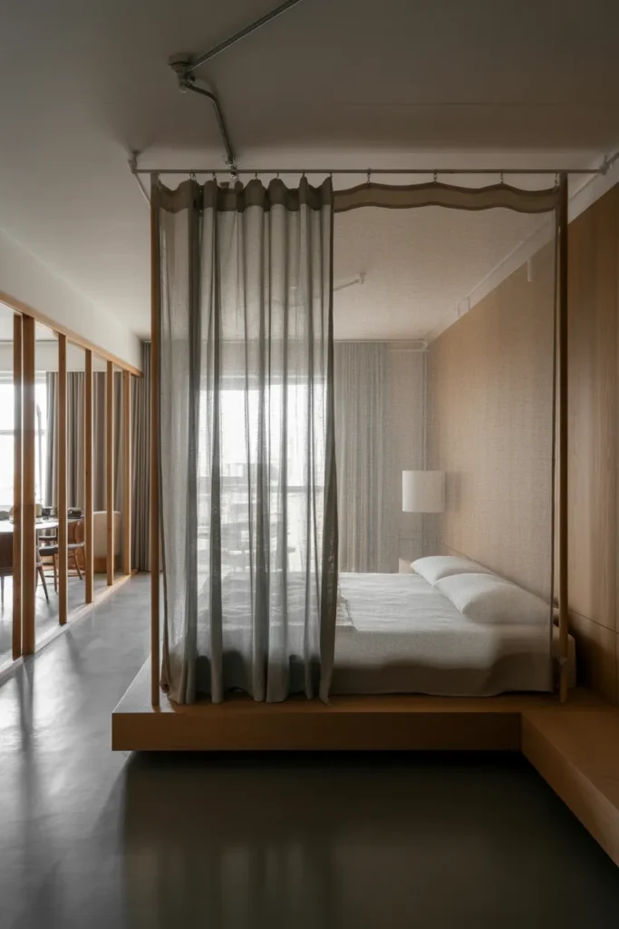 a king size low platform bed defined by a sheer linen room