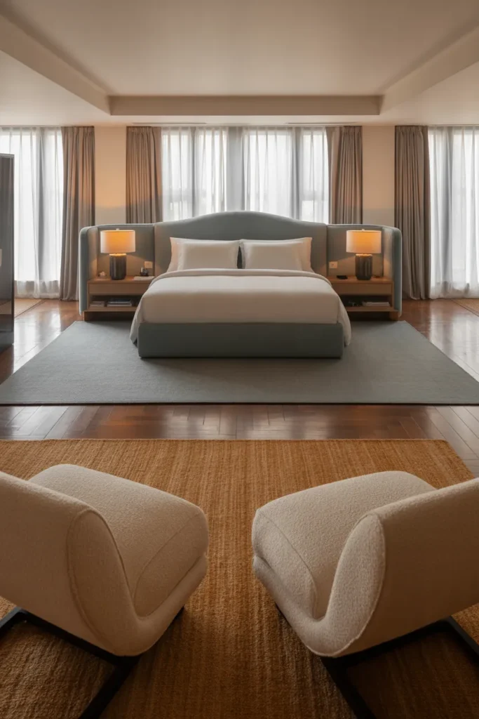 a king upholstered bed in dusty blue