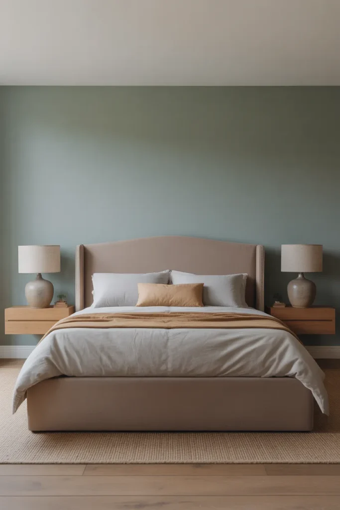 a king upholstered bed in warm taupe
