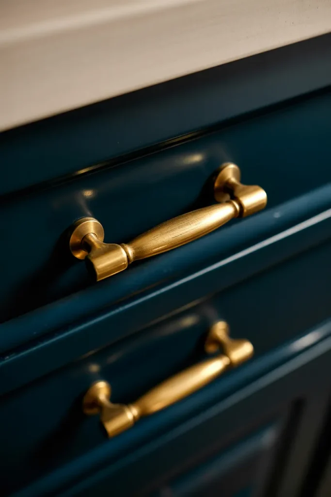 a kitchen cabinet drawer with an unlacquered brass bar pull handle