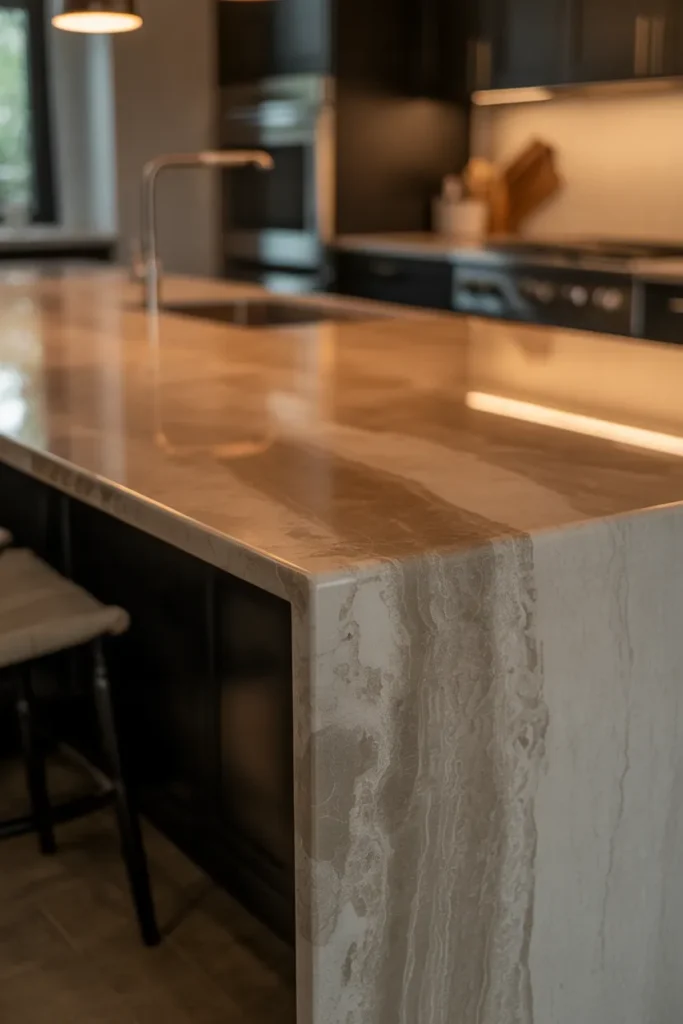 a kitchen island waterfall edge in leathered quartzite