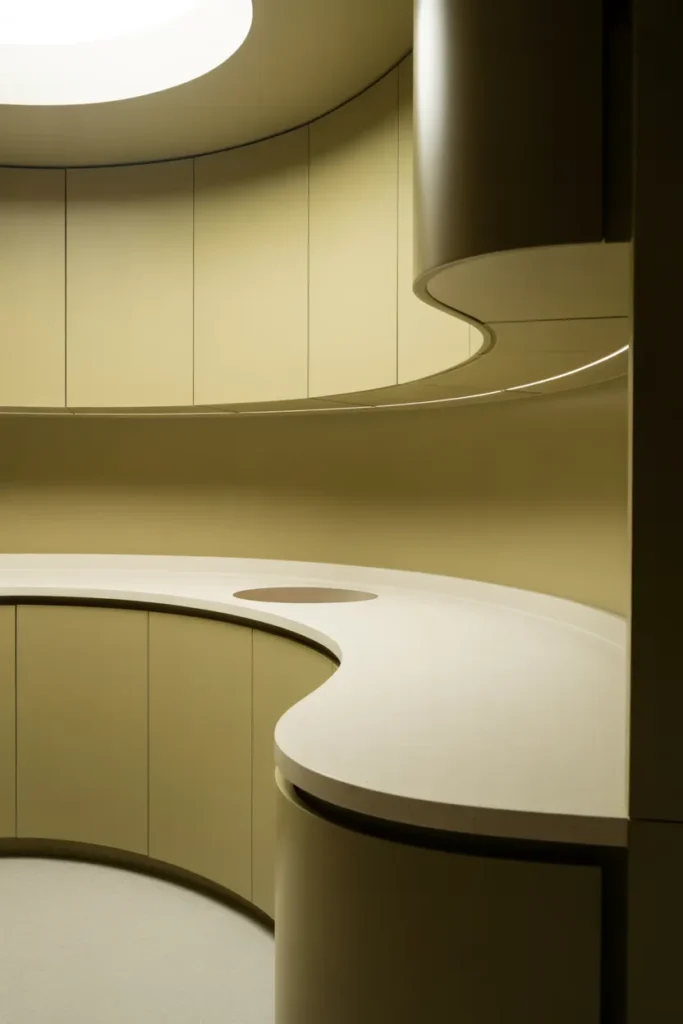a kitchen with a curved perimeter