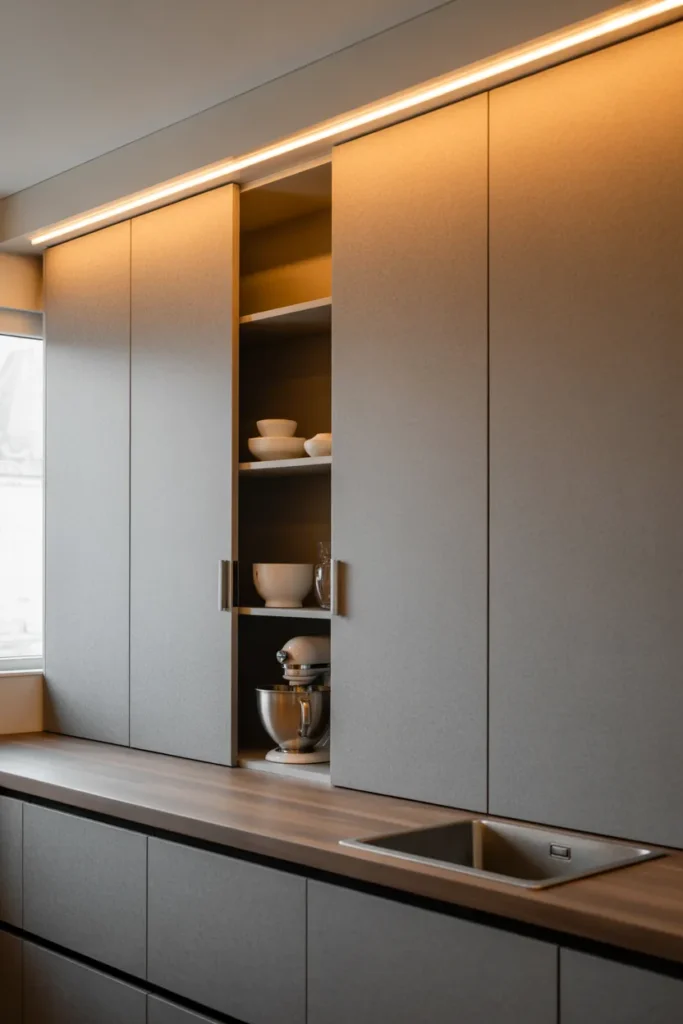 a kitchen with a full wall of flush sliding panels in light grey felt