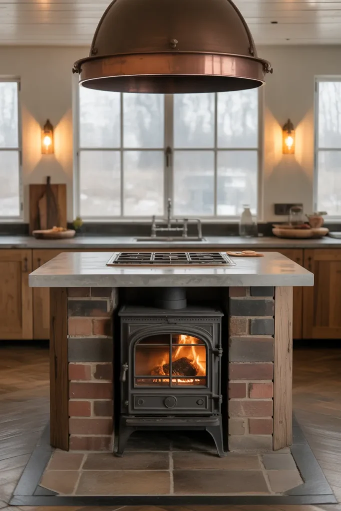 a kitchen with a large square island
