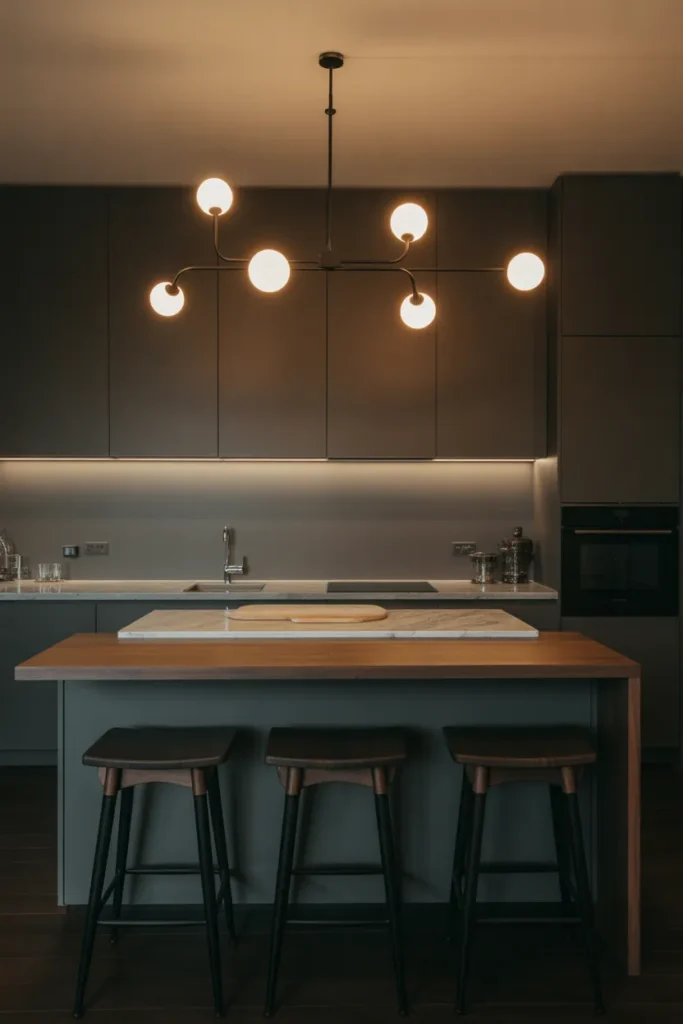 a kitchen with a two‑tier island