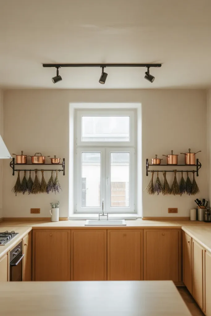 a kitchen with no upper cabinets