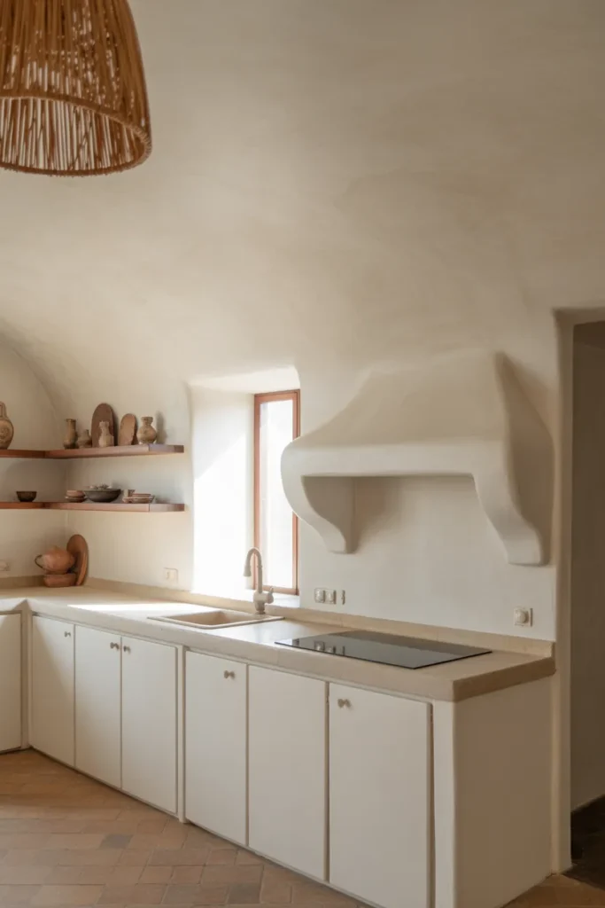 a kitchen with white flat-front cabinets