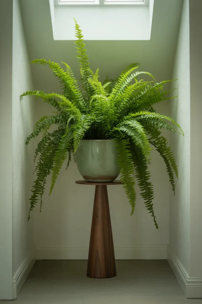 a large Boston fern in a hand-thrown sage green ceramic pot
