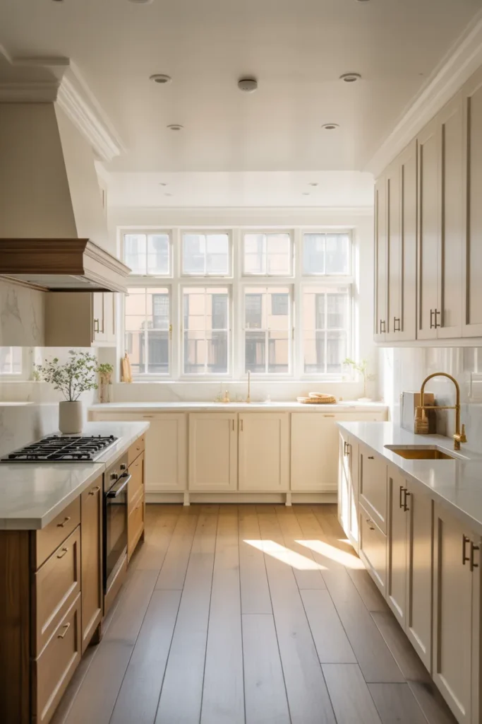 a large U-shaped kitchen with warm white shaker cabinets and greige undertones