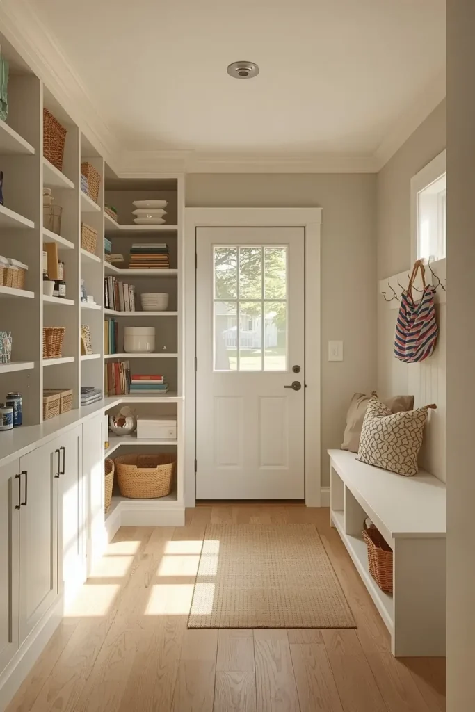 a large corner pantry space transitioning into a mudroom entry zone