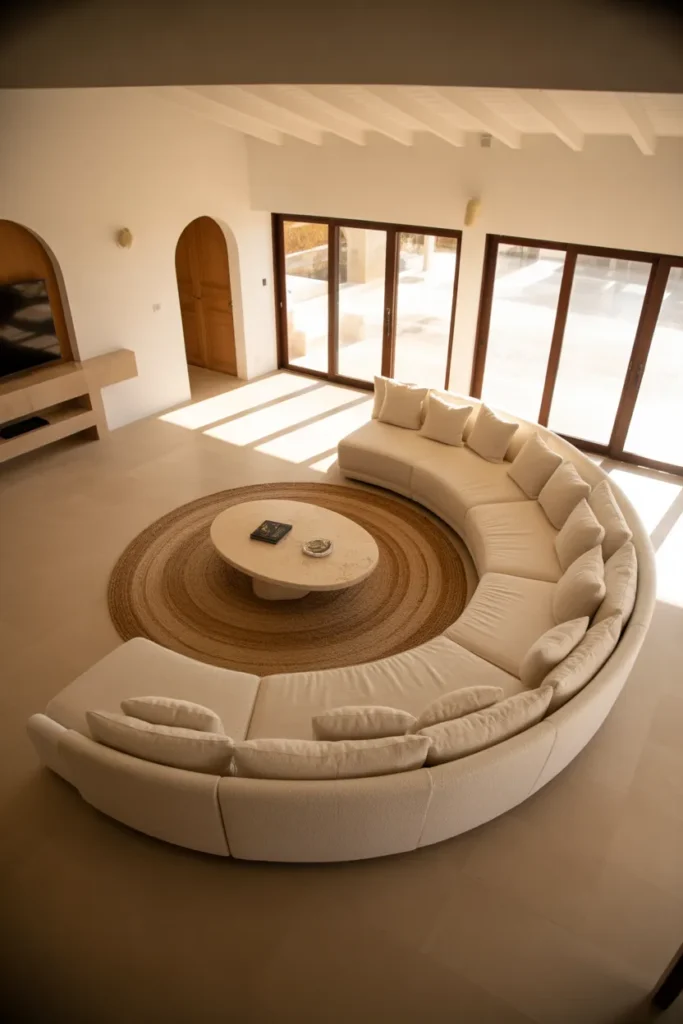 a large curved ivory bouclé sectional sofa