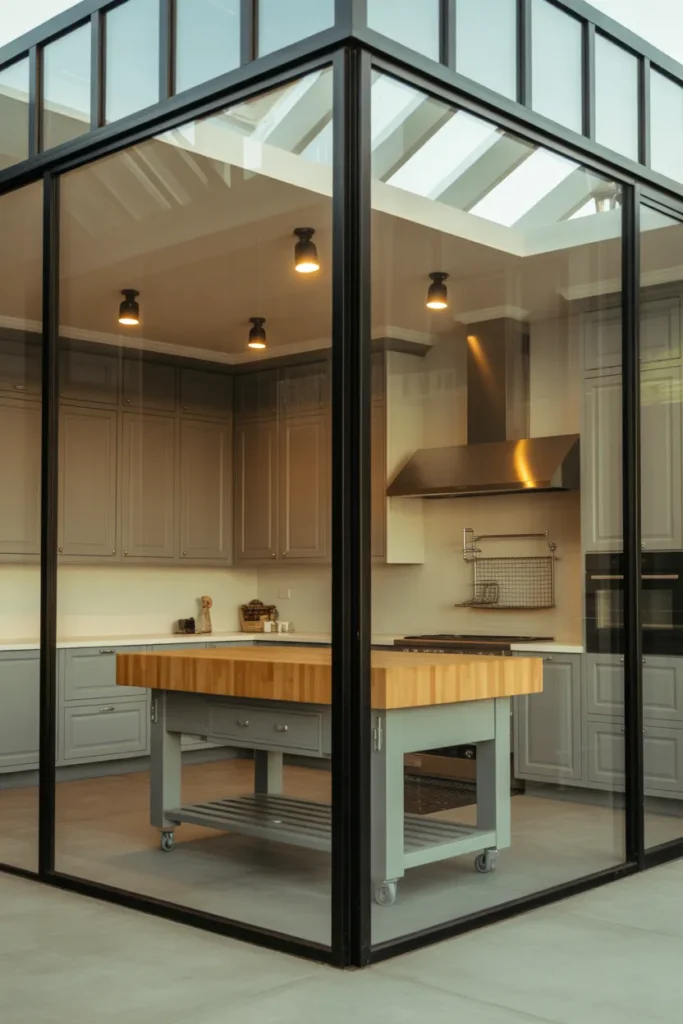 a large kitchen with a glass‑enclosed cube in the middle
