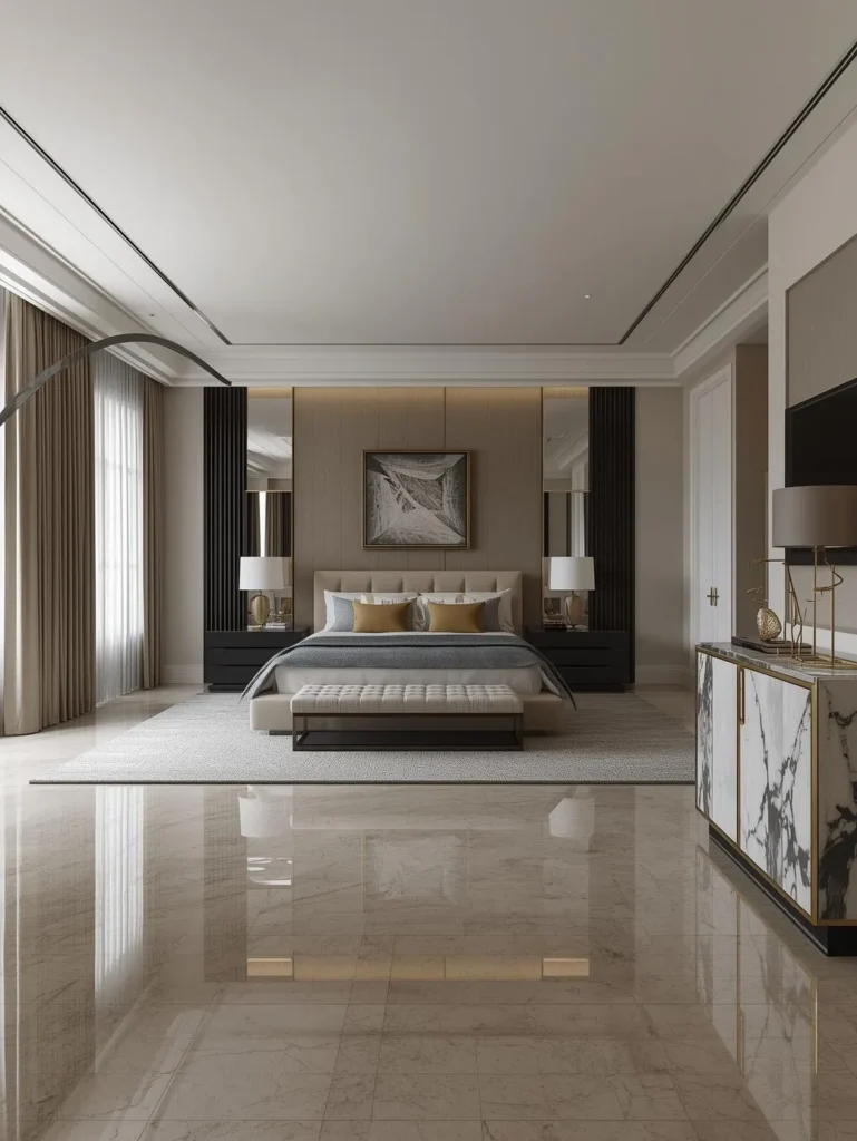 a large modern glam master bedroom with intentional asymmetry