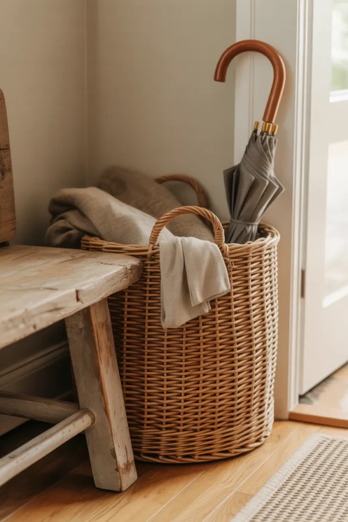 a large natural rattan basket beside a reclaimed wood bench