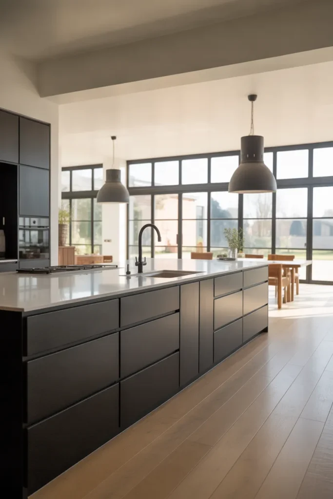 a large open-plan kitchen with matte black flat-front cabinets