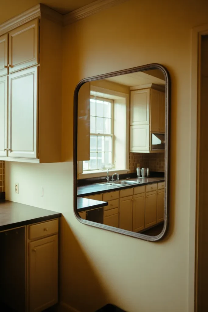 a large rectangular antique-style mirror panel mounted