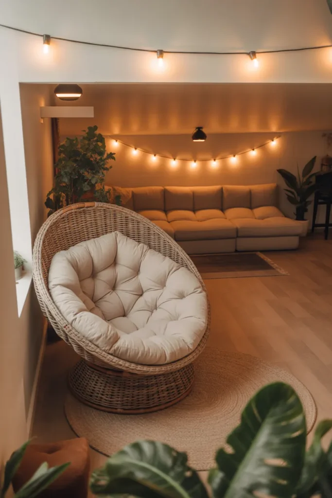a large round wicker papasan chair