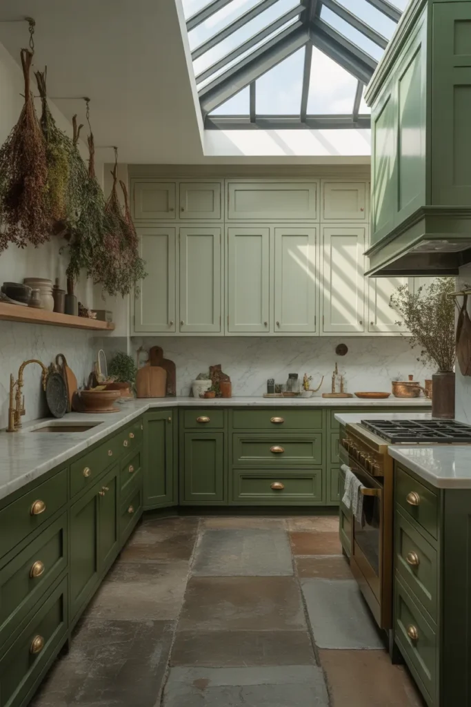 a large tonal green kitchen with sage green upper cabinets