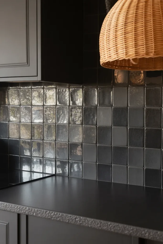 a leathered black granite countertop in the foreground
