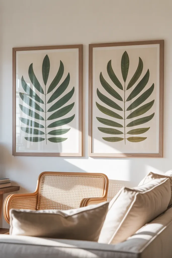 a light-filled living room with two large matching botanical leaf prints