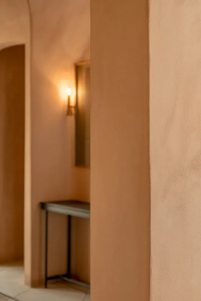 a limewash painted foyer wall in warm clay tone
