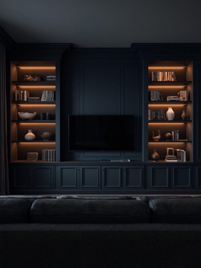 a living room built-in shelving wall painted in deep navy