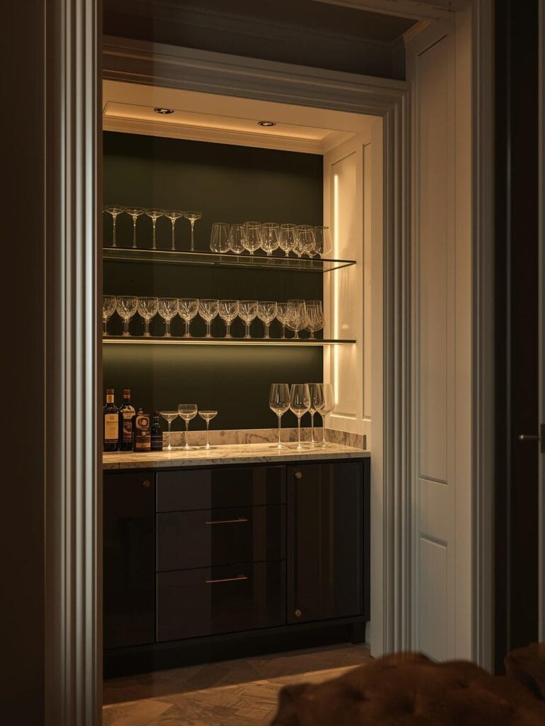 a living room corner converted into a sleek wet bar niche