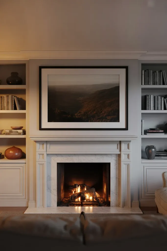 a living room fireplace wall with white painted built-in shelving flanking a marble-surround fireplace