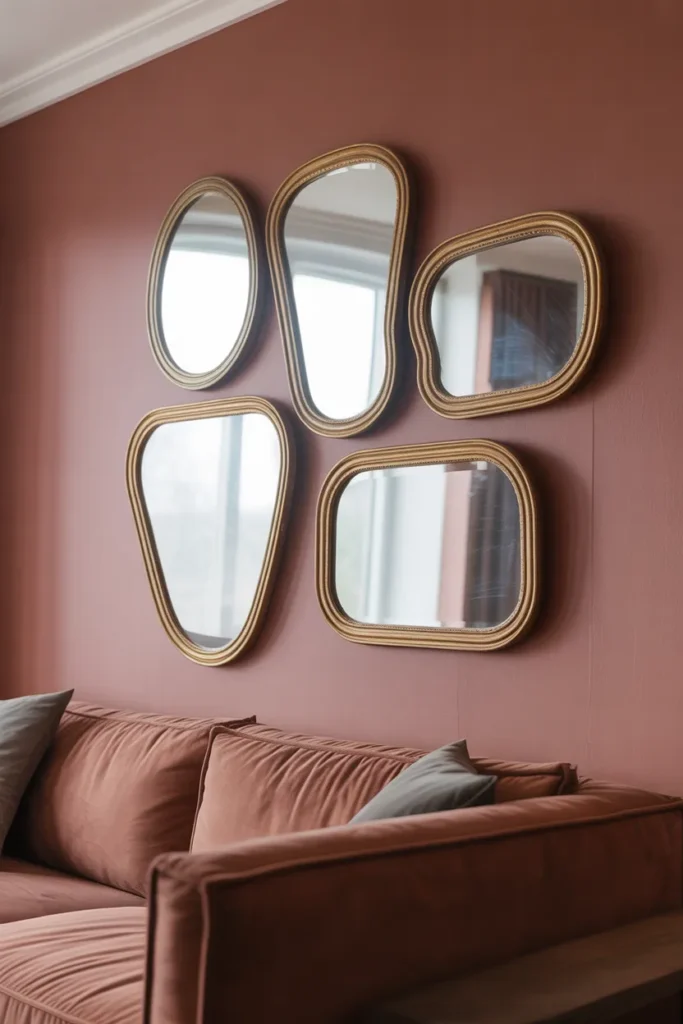 a living room wall with five varied-shape mirrors