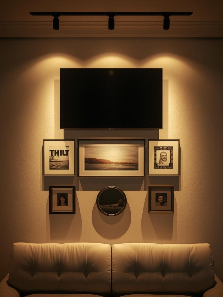 a living room wall with television mounted higher at standing height