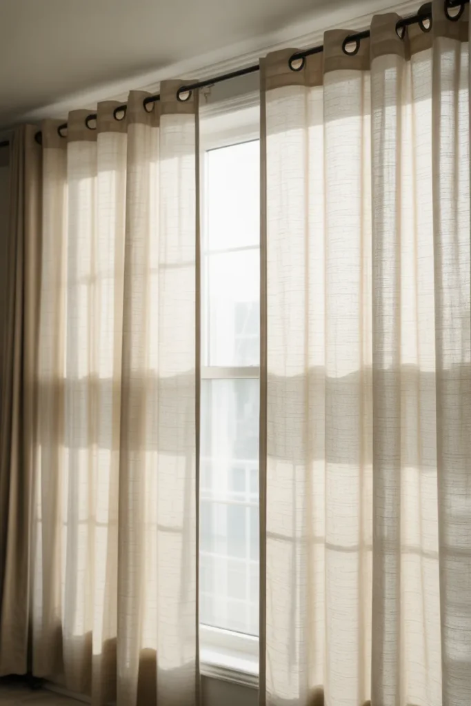 a living room window dressed with sheer ivory linen curtains mounted at ceiling height