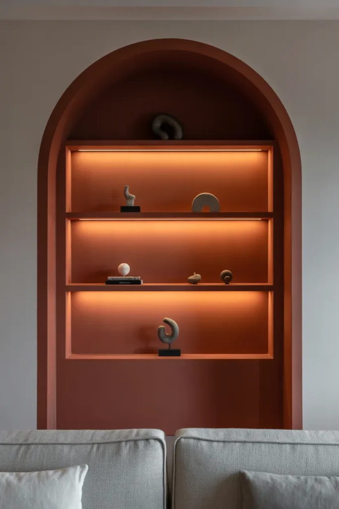 a living room with a deep arched wall niche painted in terracotta