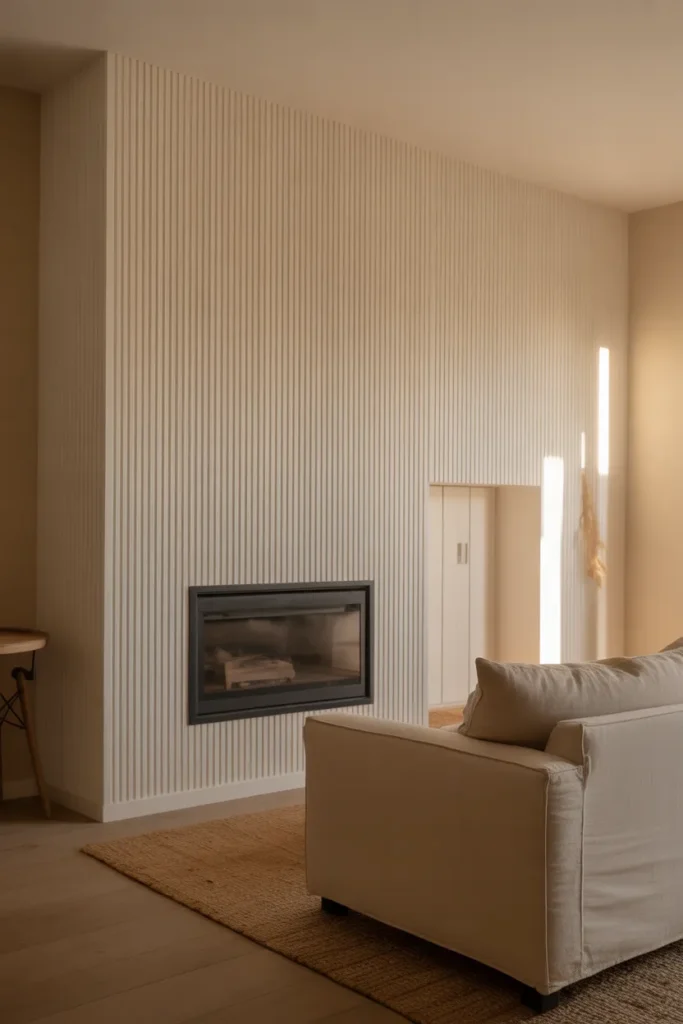 a living room with a full-height vertical board-and-batten accent wall painted in warm white