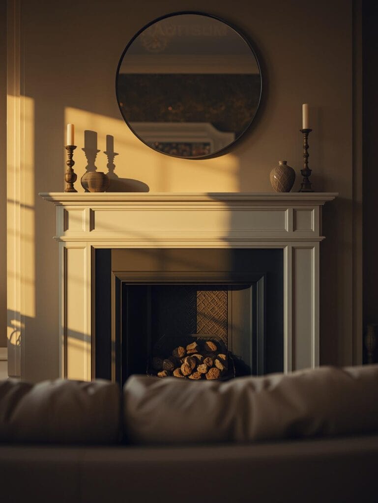 a living room with a non-working fireplace fully renovated