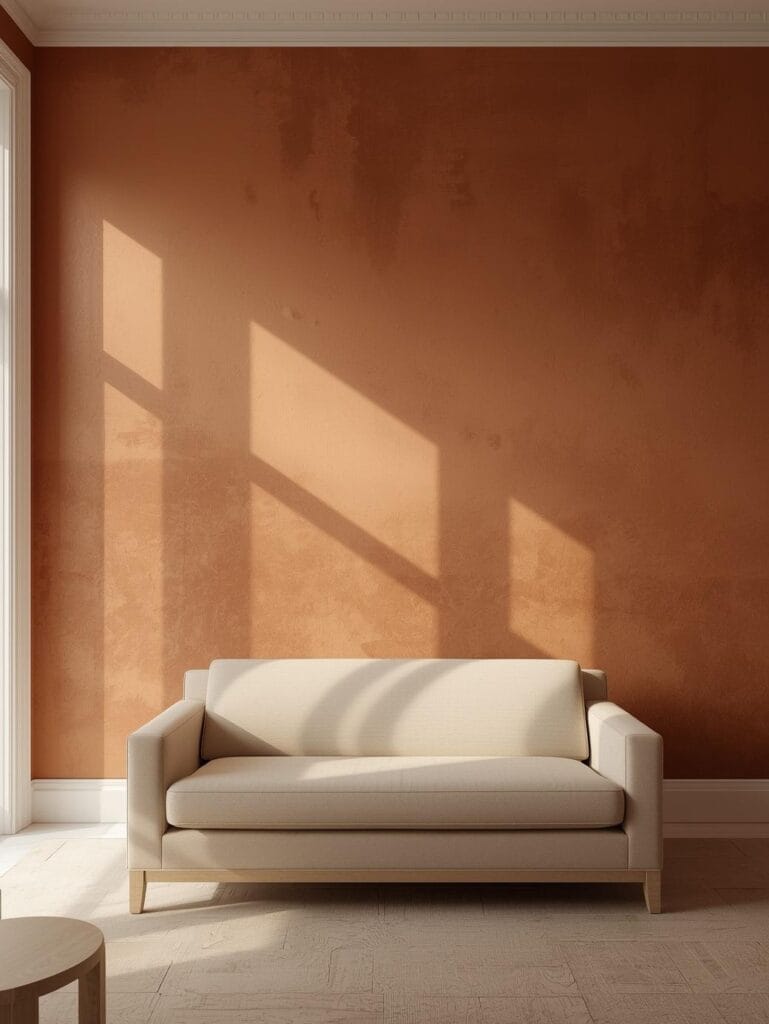 a living room with a single limewash painted wall in aged dusty terracotta behind a cream upholstered sofa