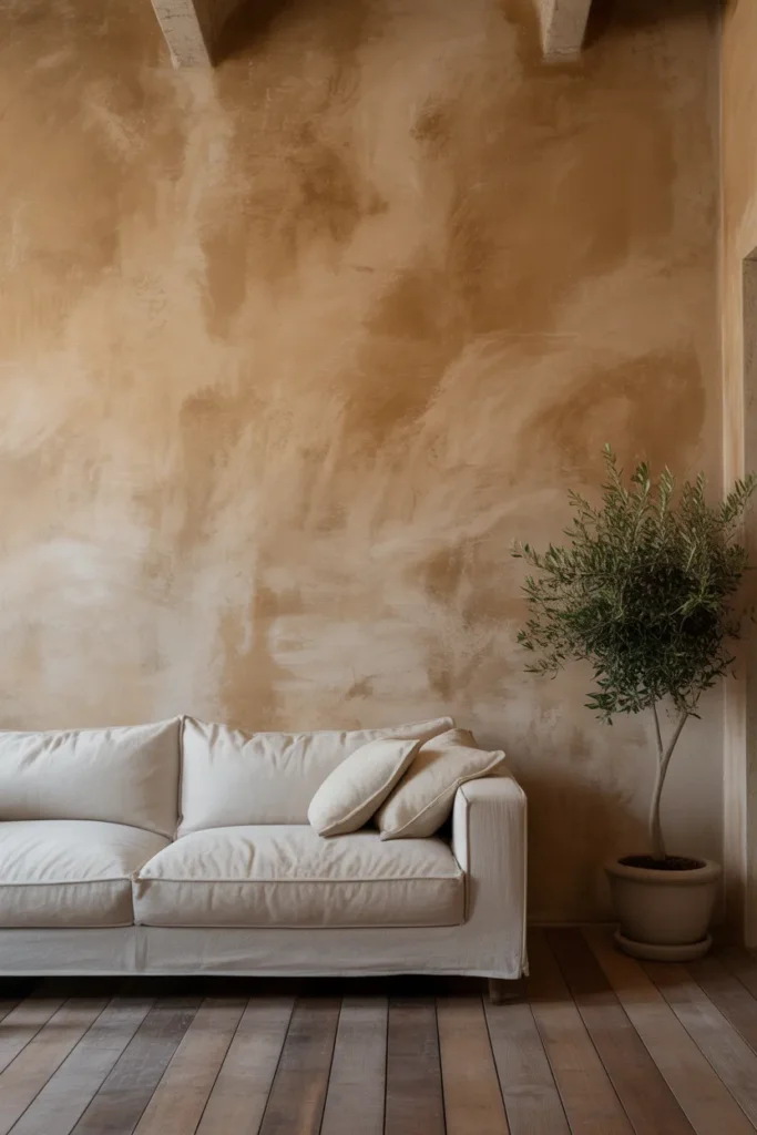 a living room with limewash plaster walls in warm aged clay color