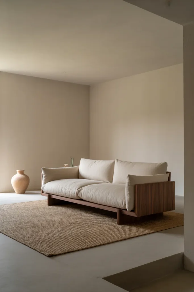 a low-profile natural linen sofa