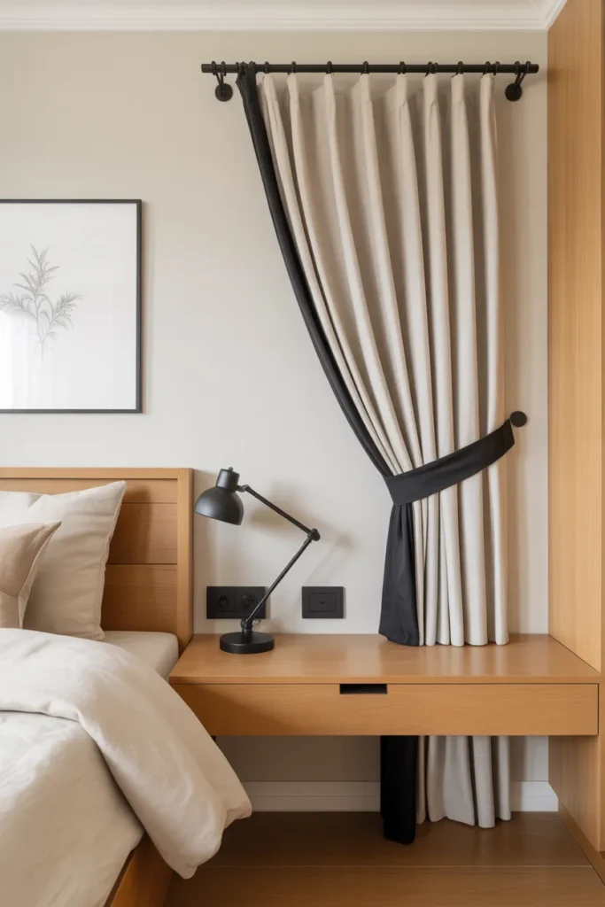 a matte black curtain rod with linen white curtains