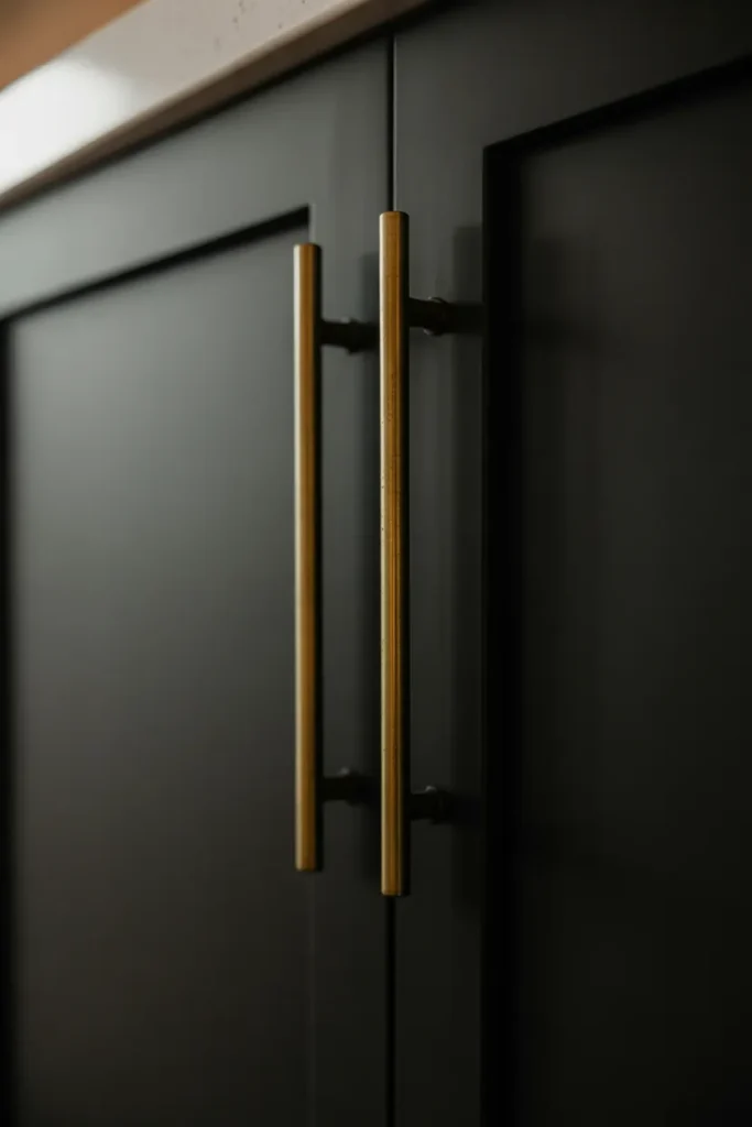a matte black kitchen cabinet door with a long slender unlacquered brass bar pull handle