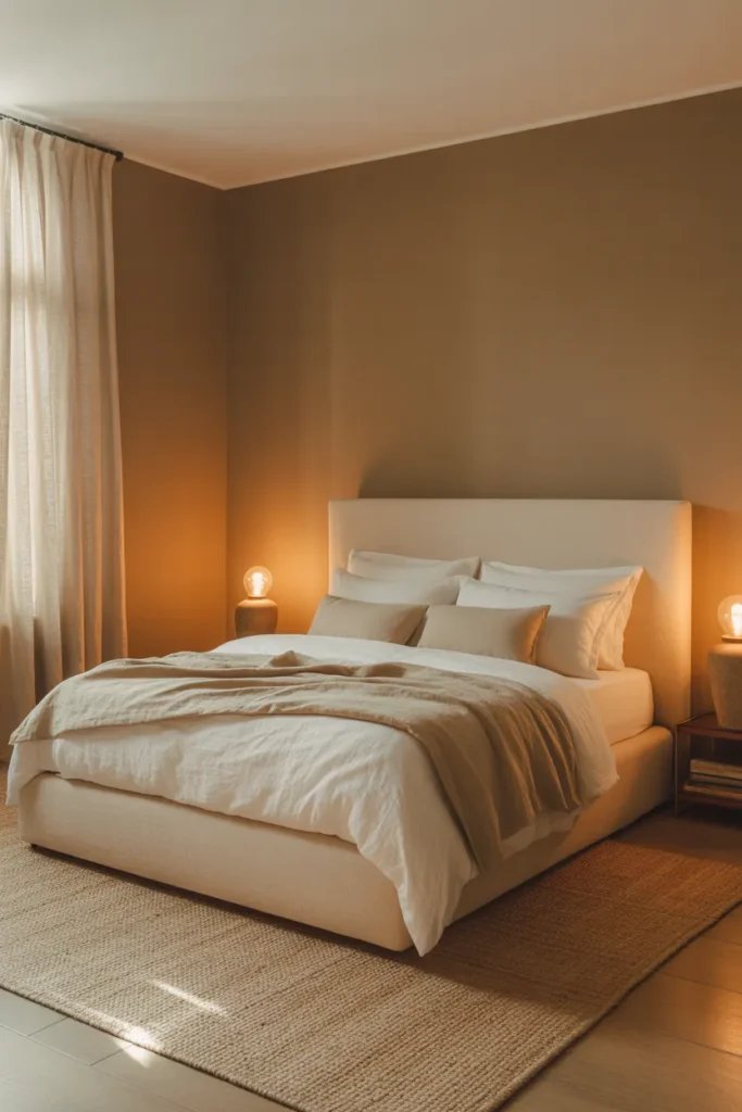 a medium-sized bedroom with warm greige walls